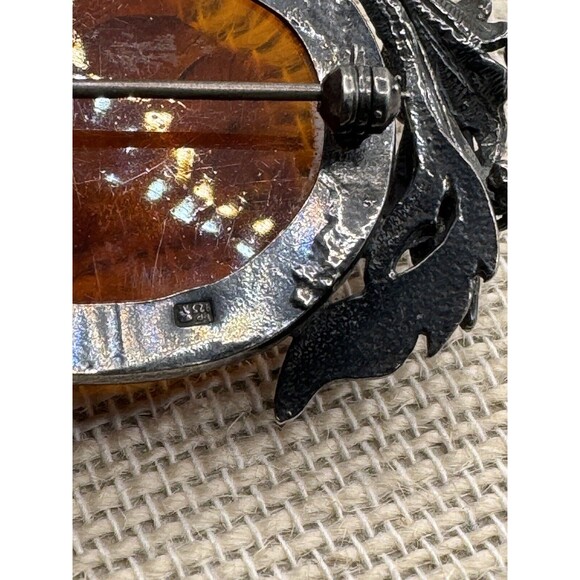 Vintage Sterling Silver Lily Flowers Surrounding Baltic Amber Brooch Pin Signed - Picture 7 of 12